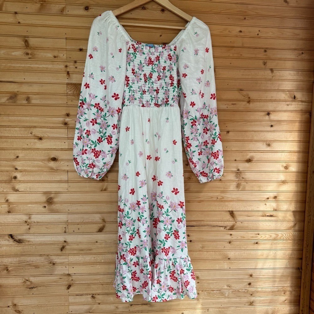 Draper James Maxi Dress Linen Blend White Medium Blouson Boho Floral Fairy
